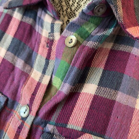 Kut From The Kloth Womens L Purple Blue Plaid 100% Cotton Button Up Shirt Top - Picture 4 of 6